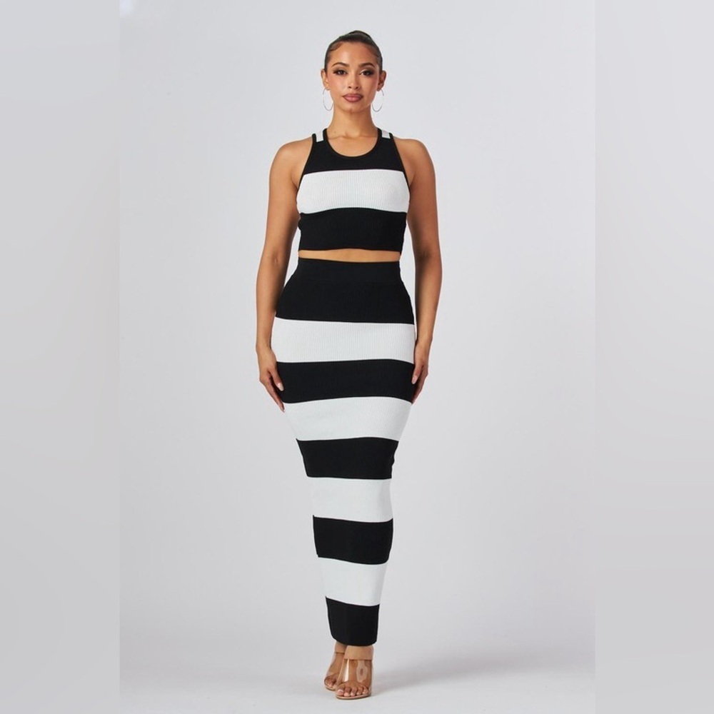 Black and Oatmeal Striped Two-Piece Halter Crop Top Midi Maxi Skirt Set